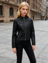 Schwarze Damen Lederjacke mit Stehkragen & goldenem Reißverschluss